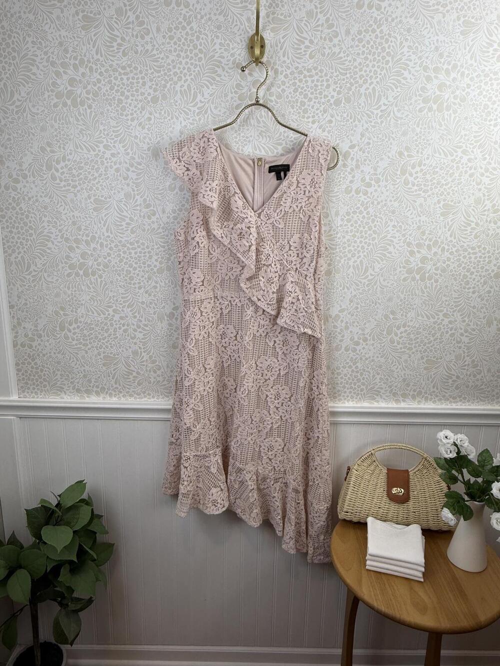 Donna Karan New York Pink Floral Lace Asymmetrical Ruffle Dress - Size - 10